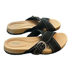 Clarks Collection Leather Criss Cross Slide Sandals ‘Reileigh May’ Black Size 12